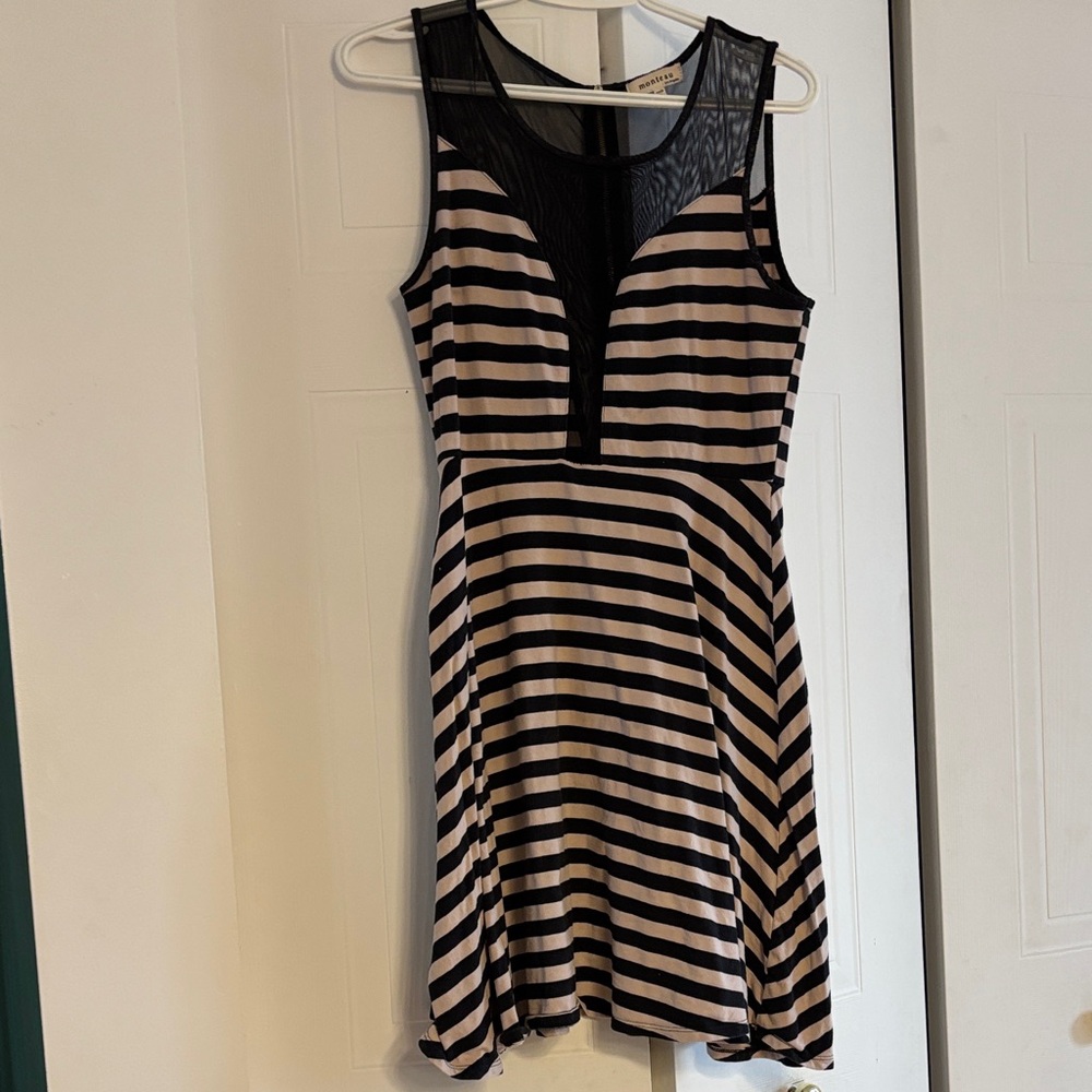 Monteau Black & Cream Striped Mesh Yoke Sleeveless Mini Dress